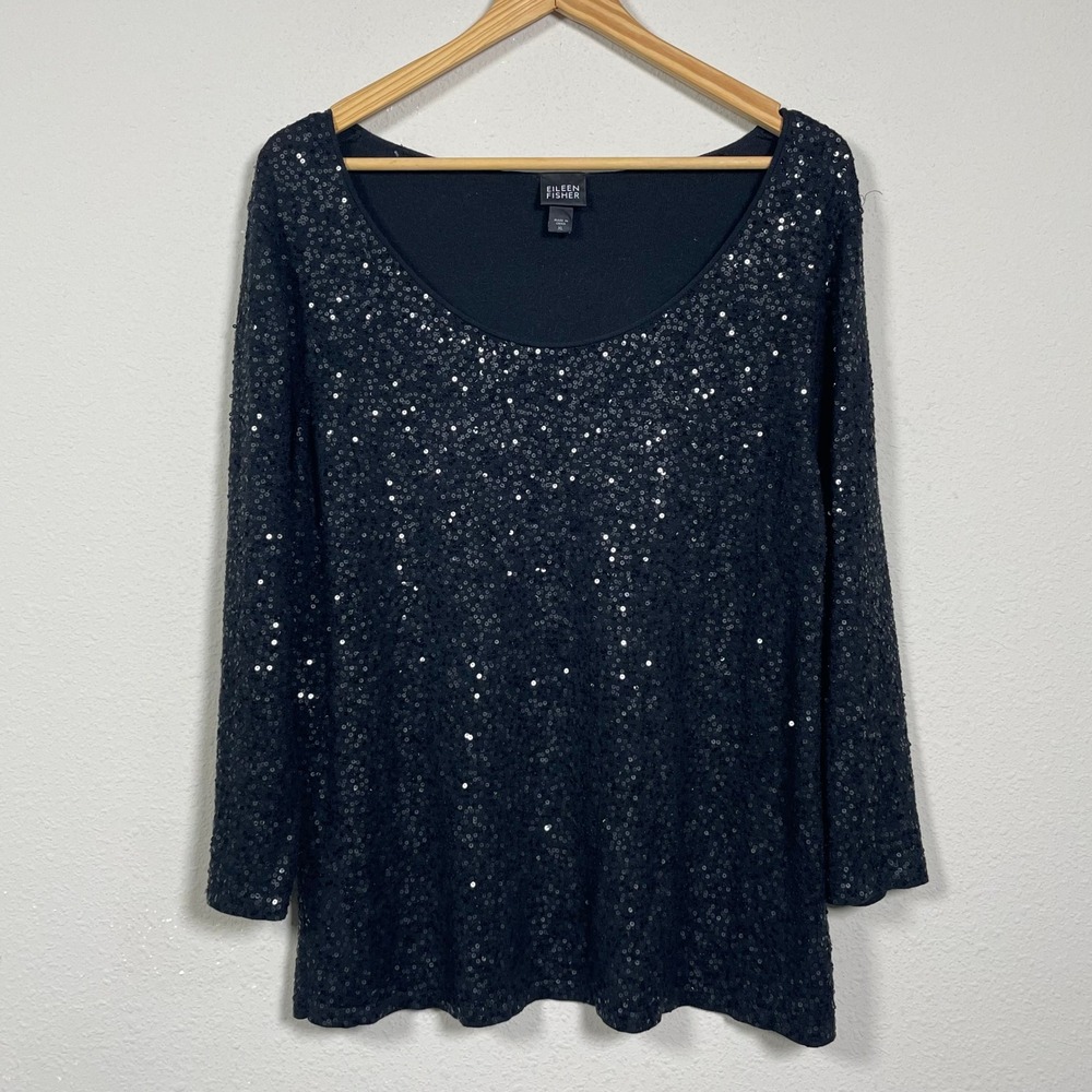 Eileen Fisher Sequin Top Women XL Black Silk Cotton Scoop Neck Long Sleeve Glam